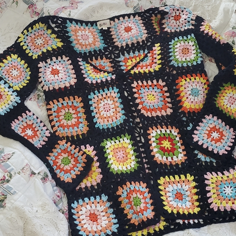 BiBi Black Crochet Granny Square Cardigan with Multicolor Accents - Picture 4 of 6